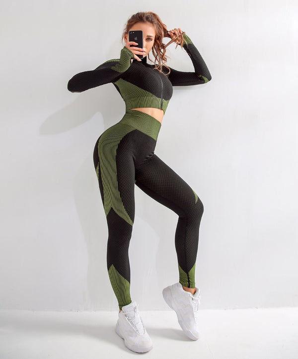 Seamless Yoga Sets Women Fitness Gym Clothing Long Sleeve Shirts High Waist Running Leggings Workout Pants Sports Suits