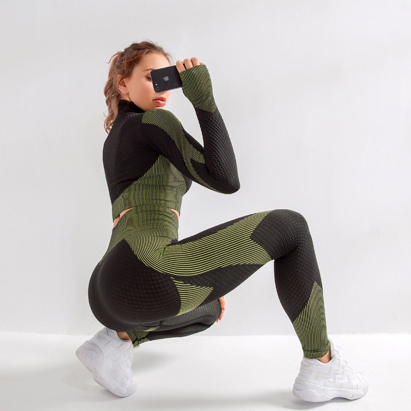 Seamless Yoga Sets Women Fitness Gym Clothing Long Sleeve Shirts High Waist Running Leggings Workout Pants Sports Suits