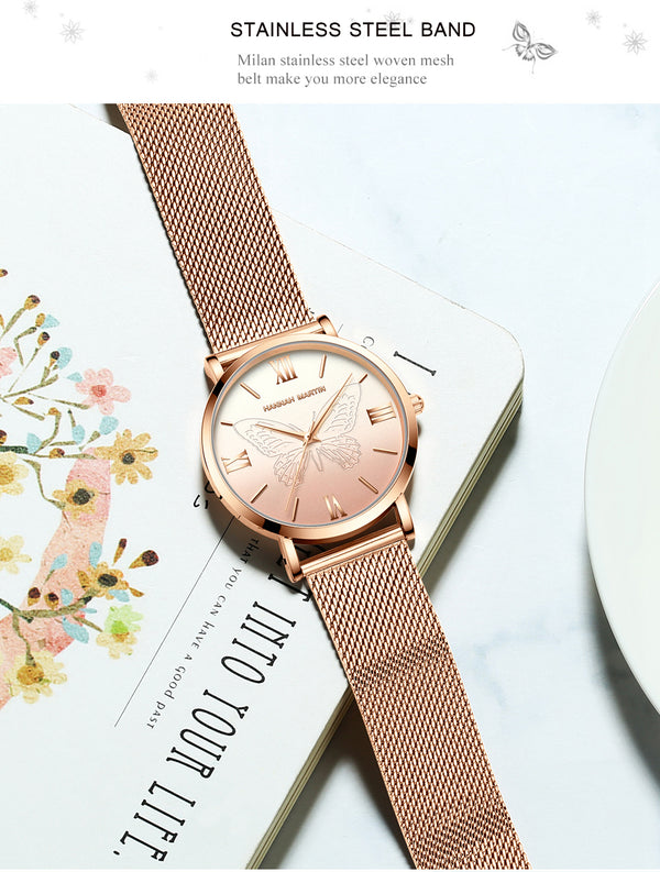 Women Watches Japan Quartz Movement 3D Butterfly Top Brand Luxury Stainless Steel Waterproof Wristwatches