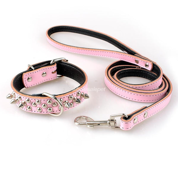 Padded Leather Studded Spiked Dog Collar & Leash Set For S M L Dogs