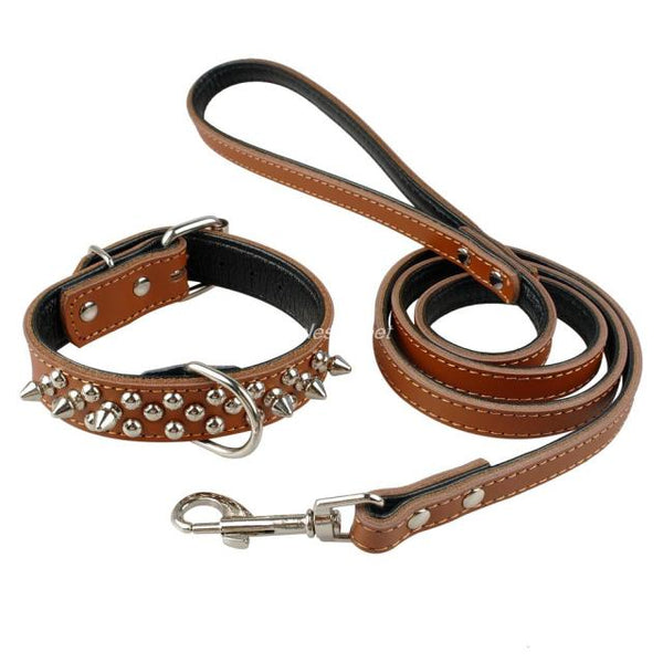 Padded Leather Studded Spiked Dog Collar & Leash Set For S M L Dogs