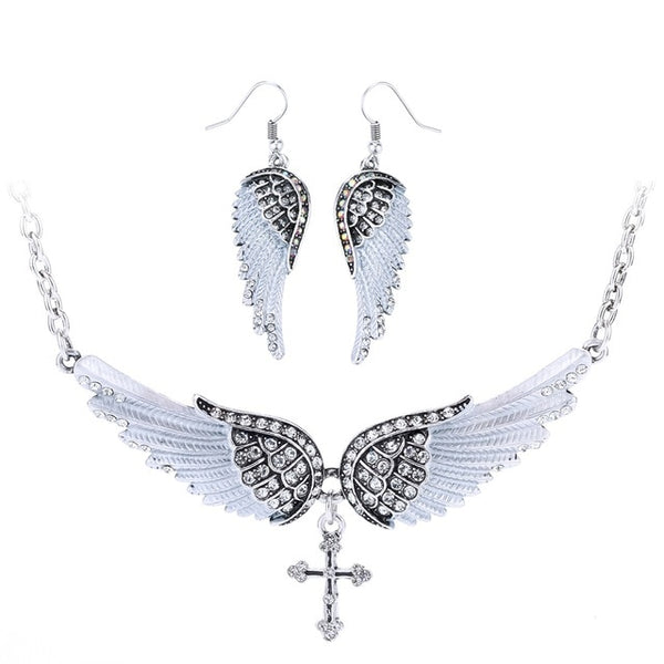 Angel Wing Cross Necklace Earrings Sets Women Biker Bling Jewelry Birthday Gifts for Her Wife Mom Girlfriend Dropshipping | Vimost Shop.