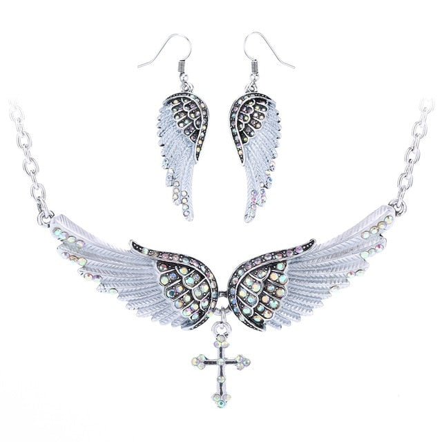 Angel Wing Cross Necklace Earrings Sets Women Biker Bling Jewelry Birthday Gifts for Her Wife Mom Girlfriend Dropshipping | Vimost Shop.