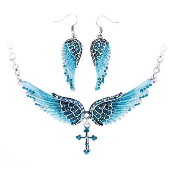 Angel Wing Cross Necklace Earrings Sets Women Biker Bling Jewelry Birthday Gifts for Her Wife Mom Girlfriend Dropshipping | Vimost Shop.