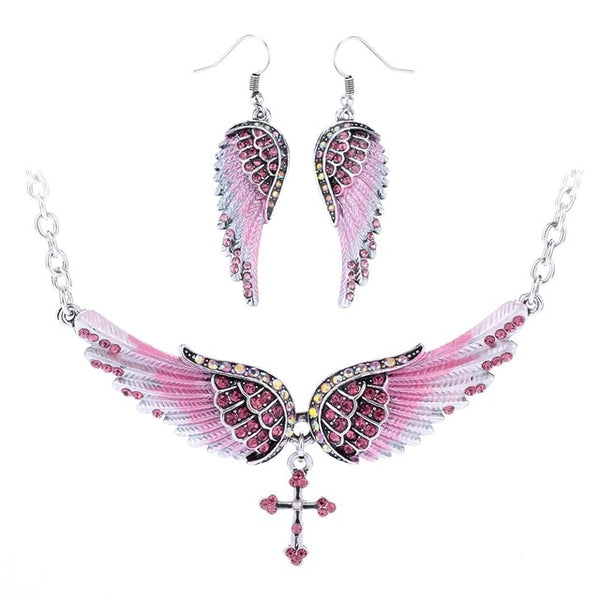 Angel Wing Cross Necklace Earrings Sets Women Biker Bling Jewelry Birthday Gifts for Her Wife Mom Girlfriend Dropshipping | Vimost Shop.