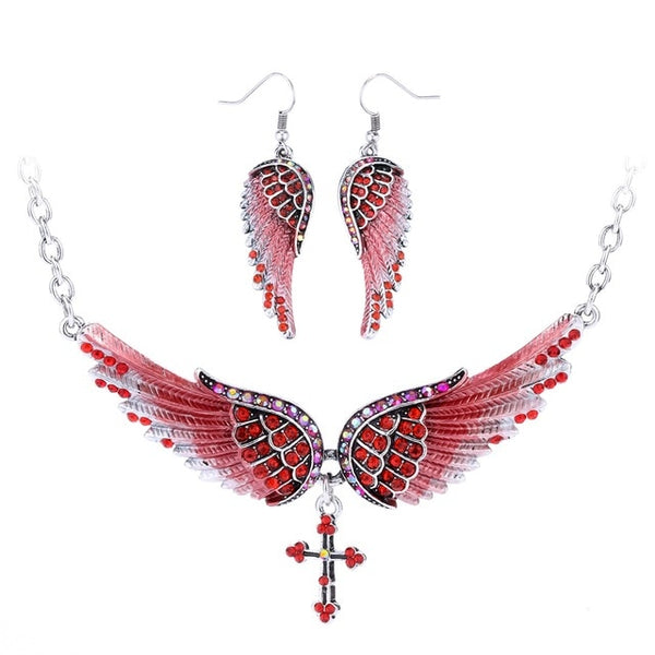 Angel Wing Cross Necklace Earrings Sets Women Biker Bling Jewelry Birthday Gifts for Her Wife Mom Girlfriend Dropshipping | Vimost Shop.