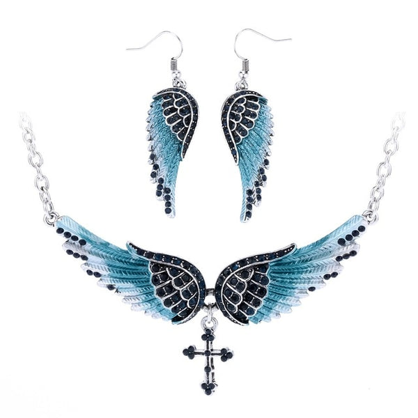 Angel Wing Cross Necklace Earrings Sets Women Biker Bling Jewelry Birthday Gifts for Her Wife Mom Girlfriend Dropshipping | Vimost Shop.