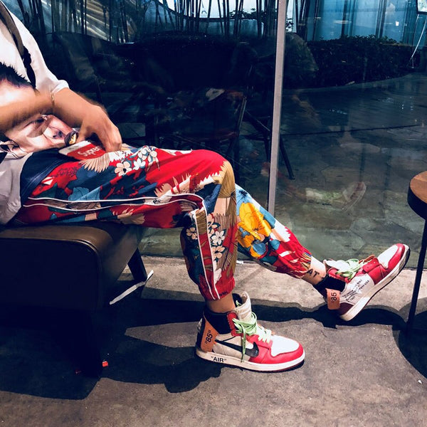 Men Floral Printed Pants Track Pants Straight Elastic Waist Fashion High Steet Joggers Sweatpants | Vimost Shop.