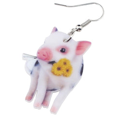 Acrylic Flower Pink Pig Piggy Earrings Big Long Dangle Drop Cute Animal Jewelry For Girls Women Ladies Teens Accessories