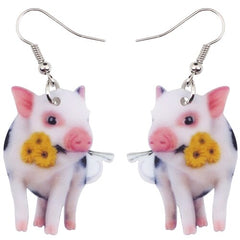 Acrylic Flower Pink Pig Piggy Earrings Big Long Dangle Drop Cute Animal Jewelry For Girls Women Ladies Teens Accessories