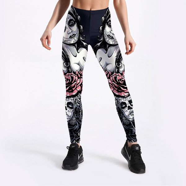 New Arrival Women Leggings Sexy Girl With Roses Printed Leggings Gothic Fitness Workout Leggings Mid Waist Pants | Vimost Shop.