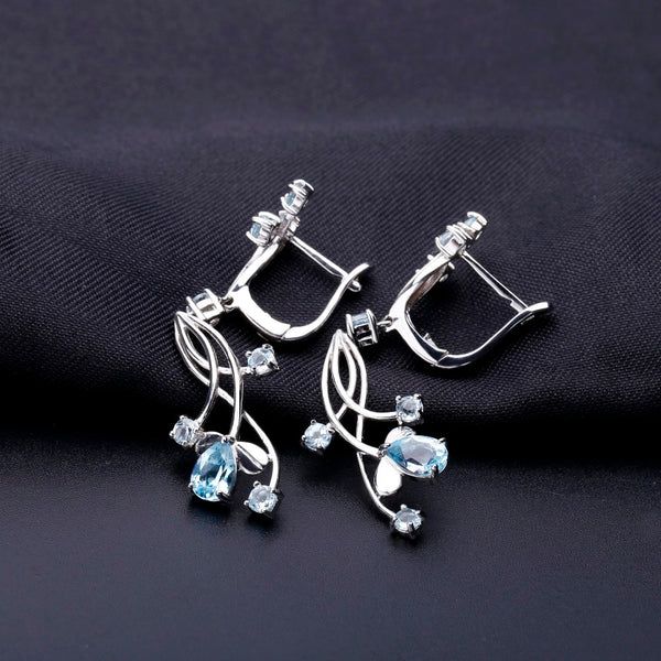 Flower Design 3.89t Natural Sky Blue Topaz Gemstone Drop Earrings For Bridal 925 Sterling Silver Wedding Jewelry | Vimost Shop.