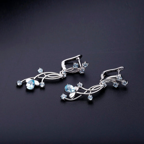 Flower Design 3.89t Natural Sky Blue Topaz Gemstone Drop Earrings For Bridal 925 Sterling Silver Wedding Jewelry | Vimost Shop.