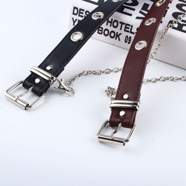 Fashion Women Punk Chain Fashion Belt Adjustable Black Double/Single Eyelet Grommet Leather Buckle Belt | Vimost Shop.