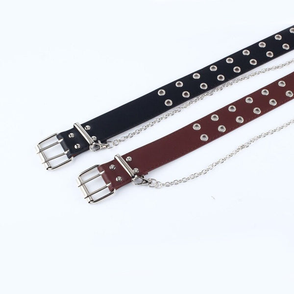 Fashion Women Punk Chain Fashion Belt Adjustable Black Double/Single Eyelet Grommet Leather Buckle Belt | Vimost Shop.