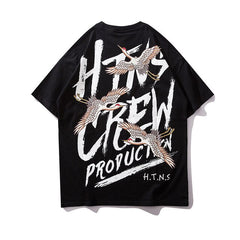 Japanese Style Crane Printed Cotton T Shirts 2019 Harajuku Mens Summer Oversize Graffiti Tops & Tees