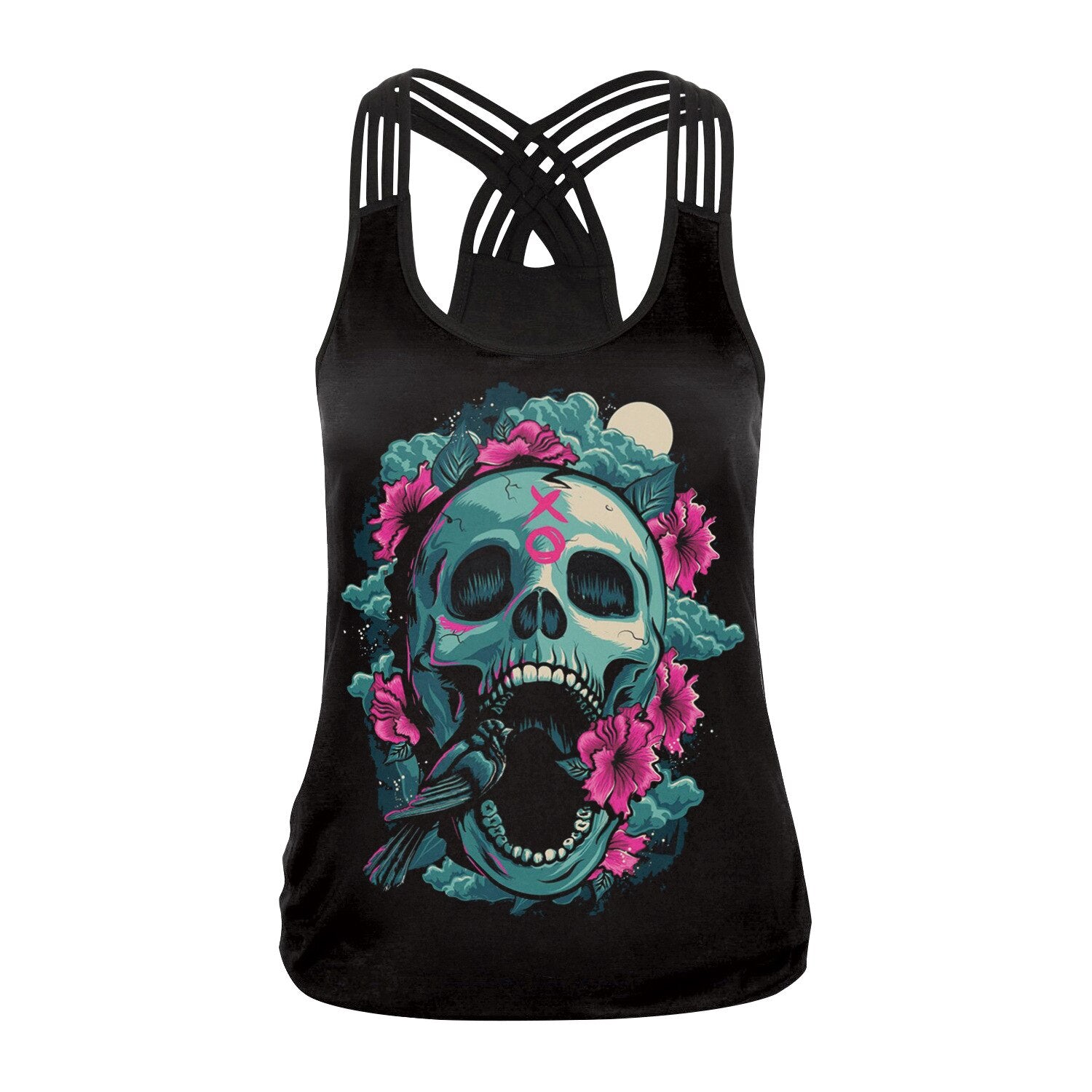 Fashion Halloween Sugar Skull Rose Girl Tank Top for Women Gothic Style Back Cross Sleeveless Vest | Vimost Shop.