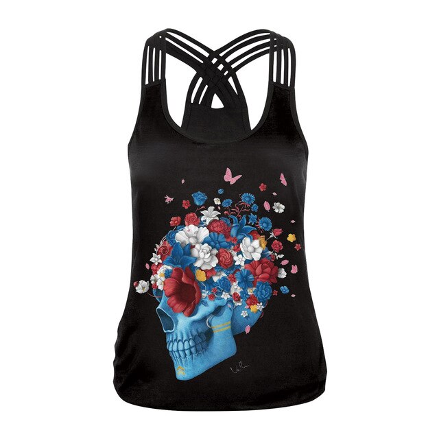 Fashion Halloween Sugar Skull Rose Girl Tank Top for Women Gothic Style Back Cross Sleeveless Vest | Vimost Shop.