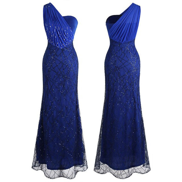 Women's One Shoulder Evening Dresses Pleat Beading Sequin Mermaid Party Gown Blue | Vimost Shop.