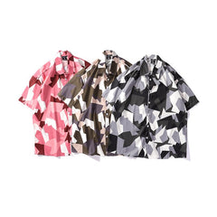 Mens Streetwear Geometry Short Sleeve Shirts Harajuku Hawaiian Pink Grey Shirt Hip Hop Casual Loose Shirt