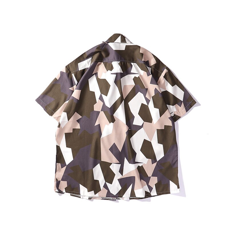 Mens Streetwear Geometry Short Sleeve Shirts Harajuku Hawaiian Pink Grey Shirt Hip Hop Casual Loose Shirt | Vimost Shop.