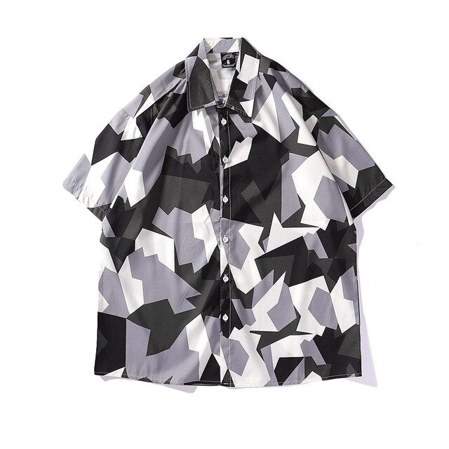 Mens Streetwear Geometry Short Sleeve Shirts Harajuku Hawaiian Pink Grey Shirt Hip Hop Casual Loose Shirt | Vimost Shop.