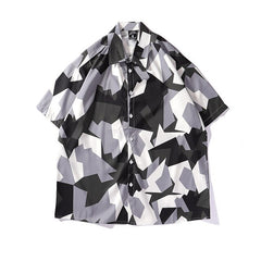 Mens Streetwear Geometry Short Sleeve Shirts Harajuku Hawaiian Pink Grey Shirt Hip Hop Casual Loose Shirt