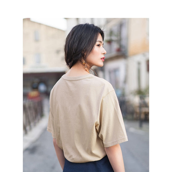 Summer Literary Embroidary Retro Casual All Matched Loose Women T-shirt | Vimost Shop.