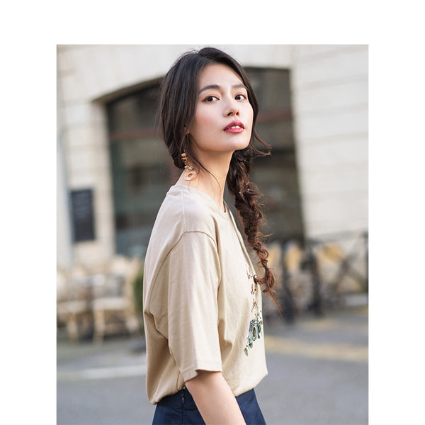 Summer Literary Embroidary Retro Casual All Matched Loose Women T-shirt | Vimost Shop.