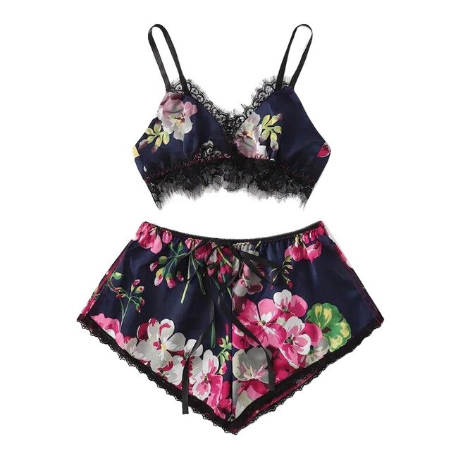 2pc Fashion Sexy Lace Satin Trim Floral Bow Lingerie Set Lace Underwear Pajamas Babydoll Sleepwear Backless Seamless Sleepwear | Vimost Shop.