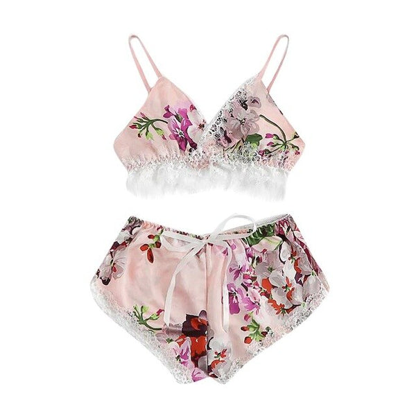 2pc Fashion Sexy Lace Satin Trim Floral Bow Lingerie Set Lace Underwear Pajamas Babydoll Sleepwear Backless Seamless Sleepwear | Vimost Shop.