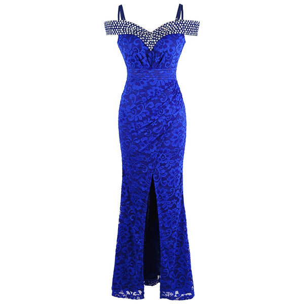 Women's Beading Boat Neck Lace Pleated Party Gown Slit Long Formal Mermaid Evening Dresses | Vimost Shop.