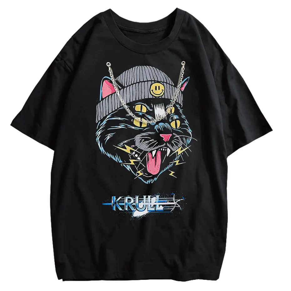 Hip Hop Oversized Cat Graphic T-Shirt Washed Cotton Streetwear Harajuku Tee
