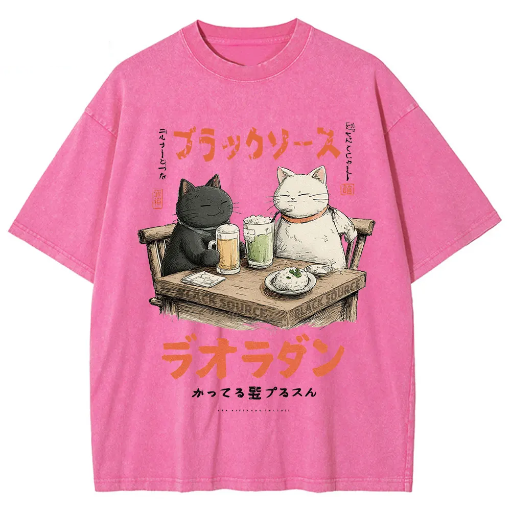 Funny Drinking Cat Japanese Harajuku Streetwear T-Shirt Cotton Unisex