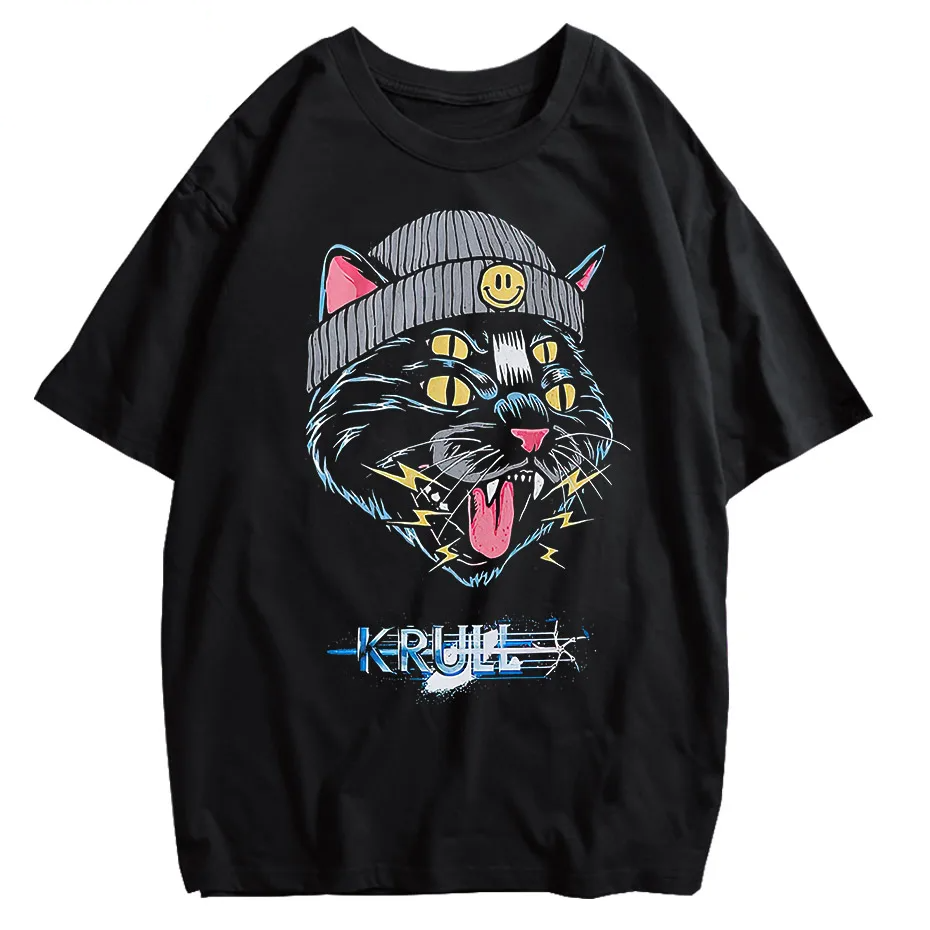 Hip Hop Oversized Cat Graphic T-Shirt Washed Cotton Streetwear Harajuku Tee