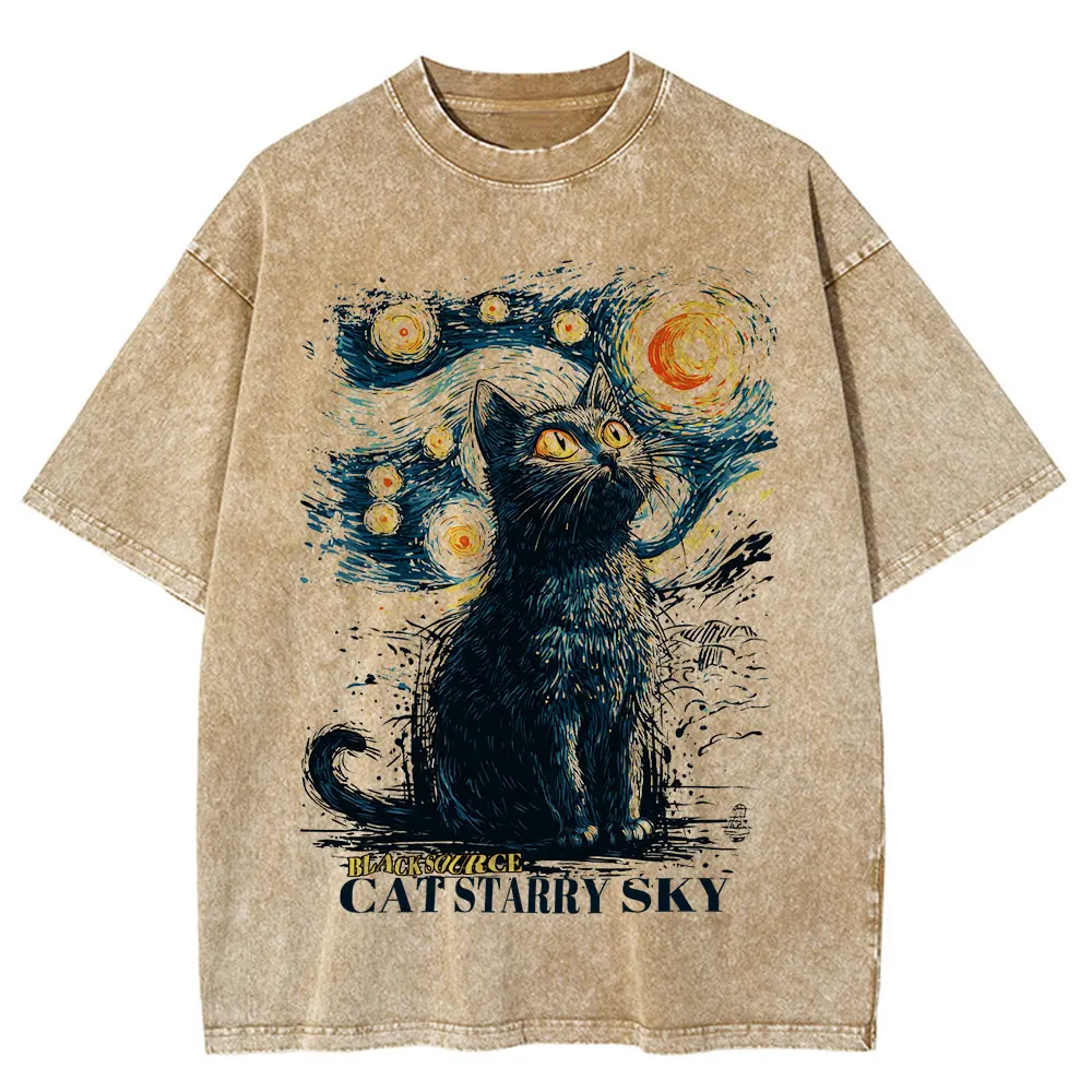 Black Cat Starry Sky Vintage T-Shirt Cotton Unisex Graphic Tee