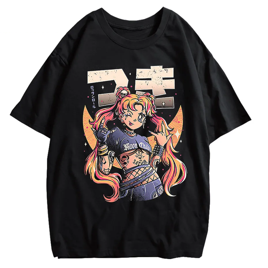 Men's Retro Anime Girl Graphic T-Shirt Cotton Oversized Vintage Tee