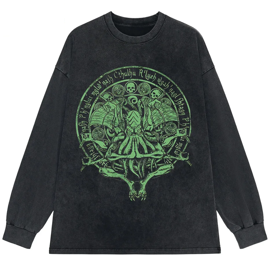 Vintage Green Cthulhu T-Shirt Men Oversized Streetwear Tee