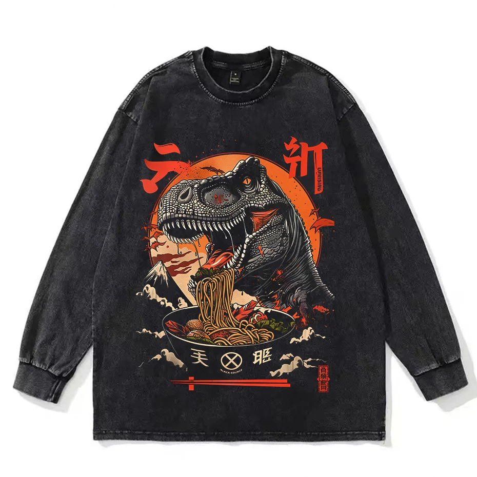 Funny Kaiju Eating Ramen Graphic T-Shirt Japanese Monster Cartoon Tee for Kids