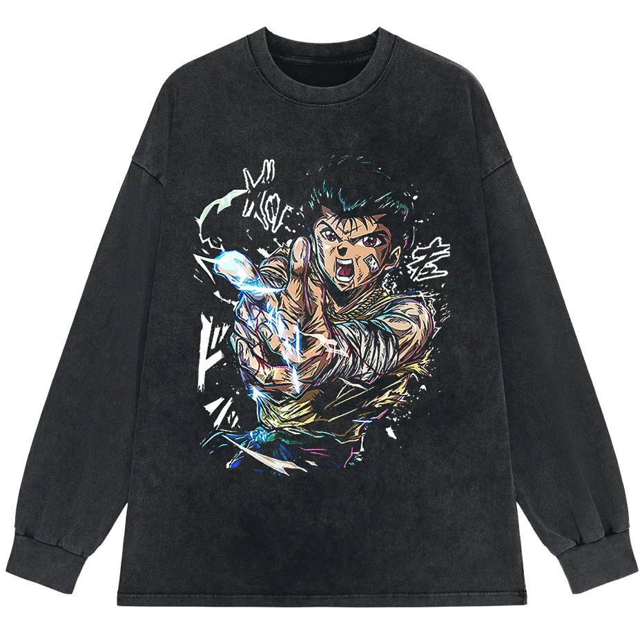 Hip Hop Vintage Washed T-Shirt Men Japanese Anime Boy Graphic Harajuku Streetwear Cotton Summer Tee