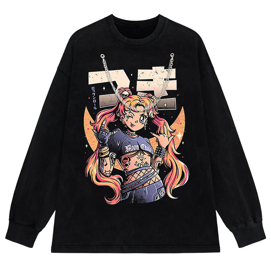 Men's Retro Anime Girl Graphic T-Shirt Cotton Oversized Vintage Tee
