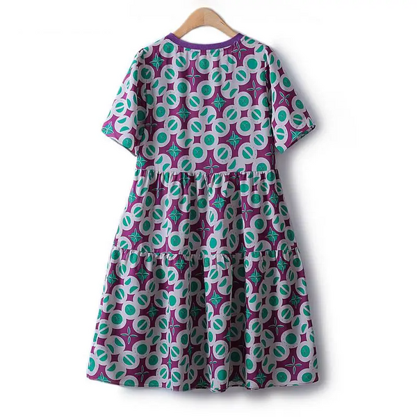 Light And Breathable Silky Touch Print Hem Pinched Pleats O Neck A Line Short Sleeve Female Dress 4XL