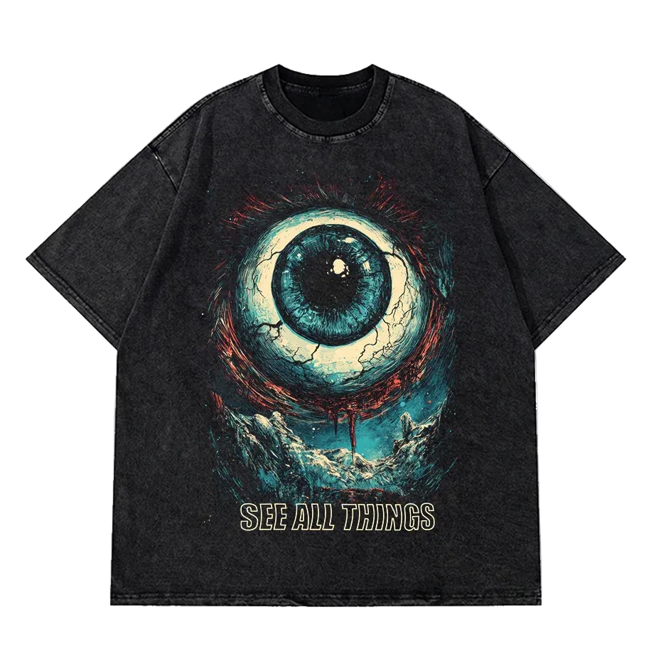 Hip Hop Retro Washed Black T-Shirt Streetwear Big Eyeball Graphic T Shirt Cotton Unisex Tshirt Men Tops Tees Dope Y2K