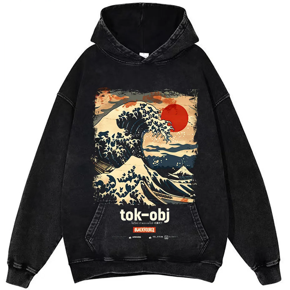 Tokyo Shibuya Wave Graphic T Shirt Men Black Cotton Summer Tee