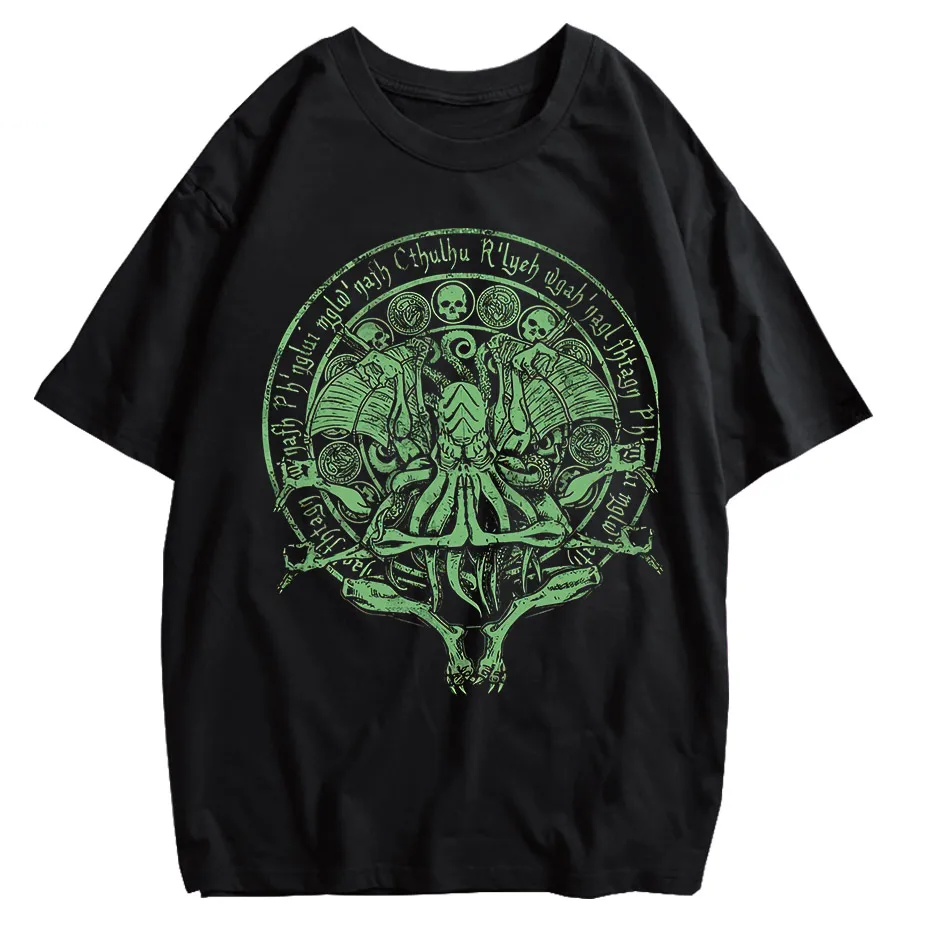 Vintage Green Cthulhu T-Shirt Men Oversized Streetwear Tee