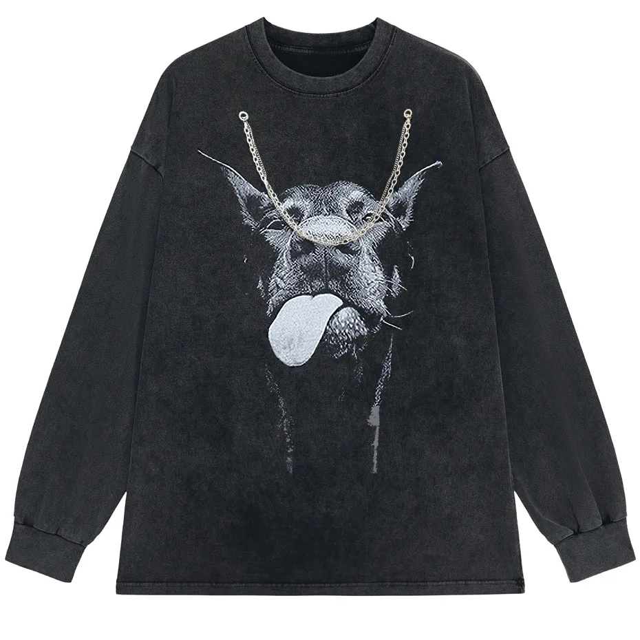 Gothic Dog Letter Print Vintage Washed Oversized T-Shirt