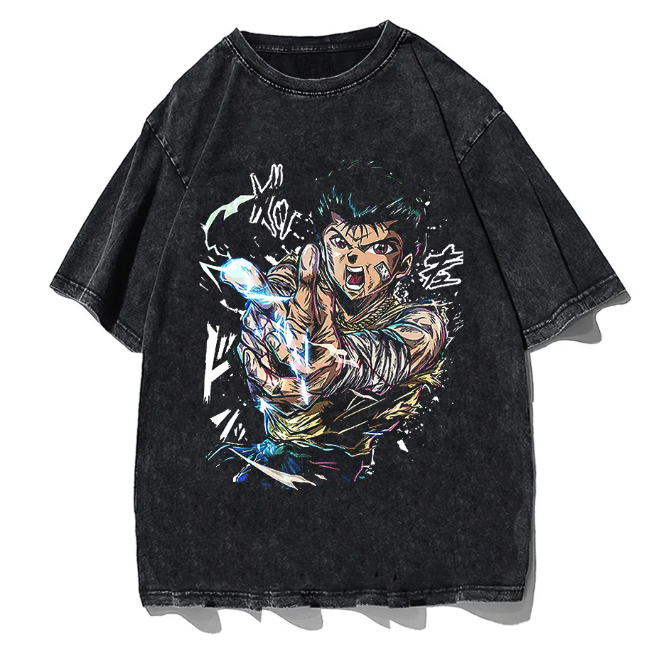 Hip Hop Vintage Washed T-Shirt Men Japanese Anime Boy Graphic Harajuku Streetwear Cotton Summer Tee
