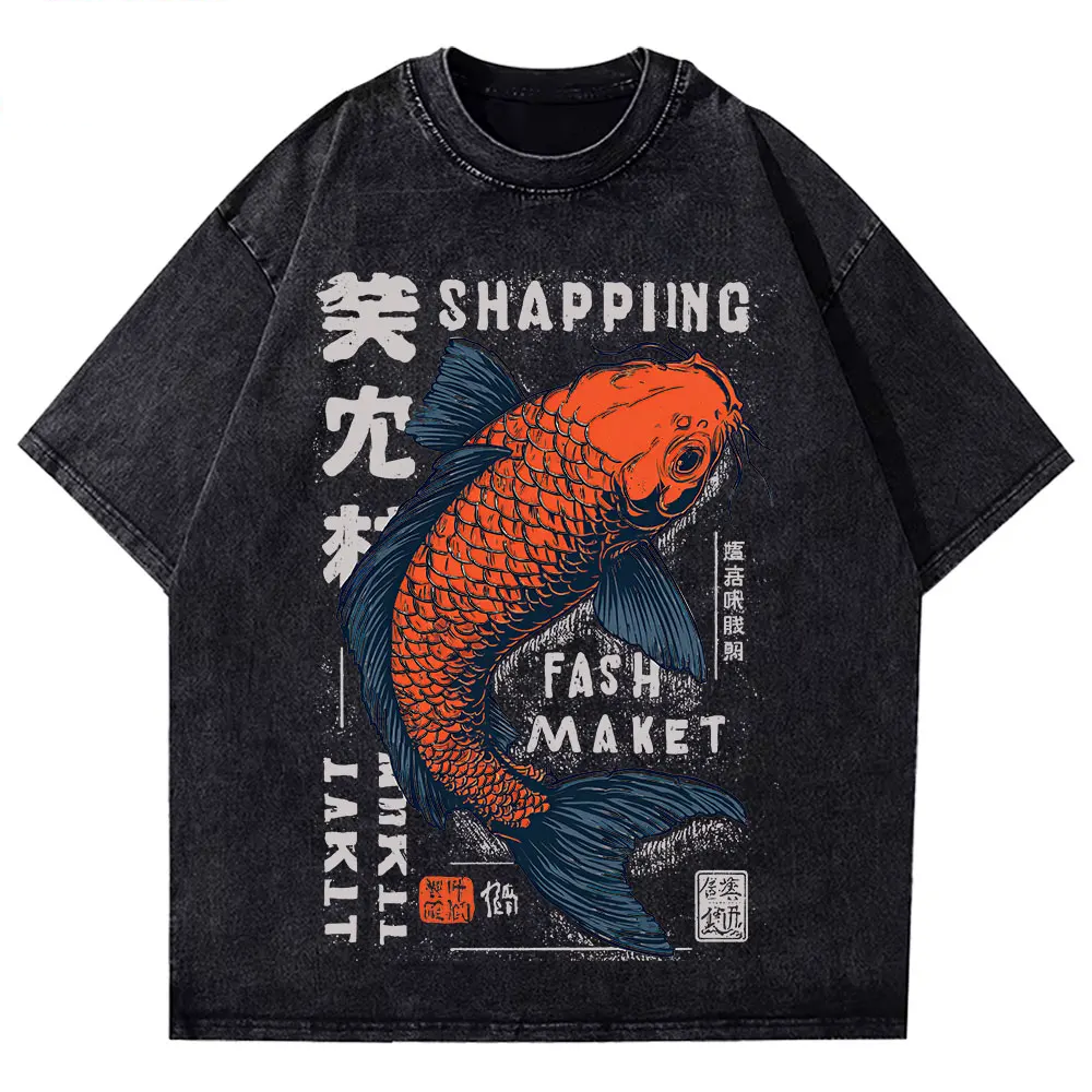 Men Summer Japanese Koi Fish Print Short Sleeve T Shirt Navy Blue
