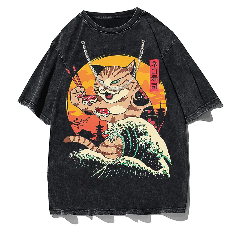 Japanese Genki Cat Anime Print Men's T-Shirt Casual O-Neck