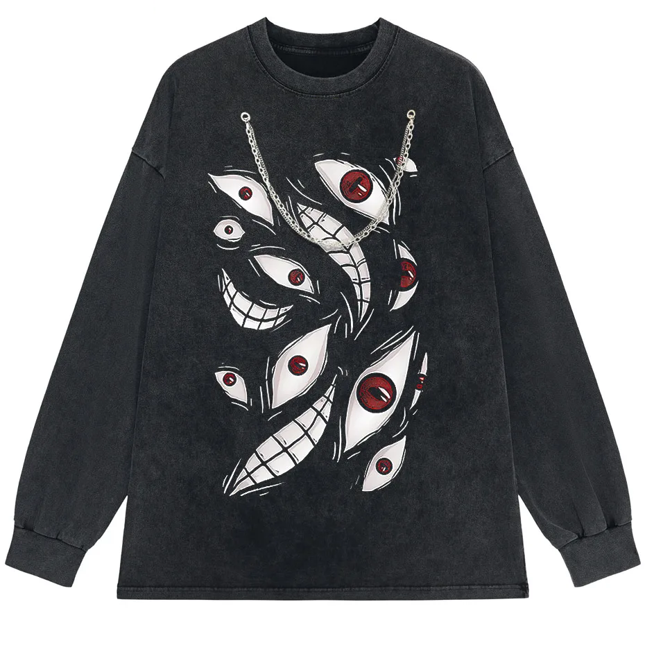 Harajuku Anime Eyes Graphic Washed T-Shirt Men Streetwear Cotton Tee